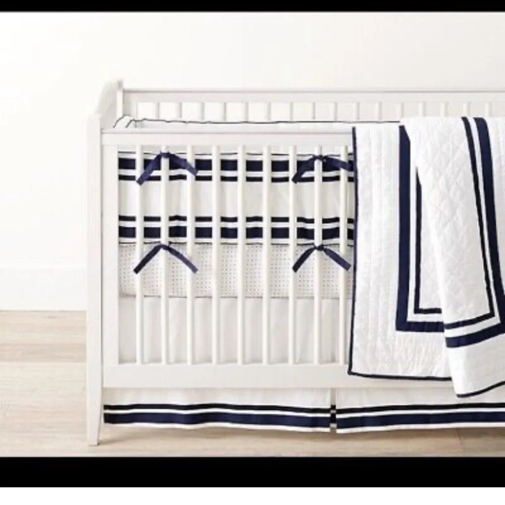Pottery Barn Kids White and Navy Striped Crib Bedding Set